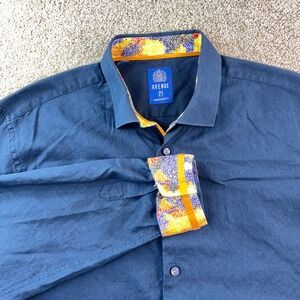 AVENUE 21 Mens Navy‎ Blue 2XL Cotton Button Up Shirt Print Collar Flip Cuff